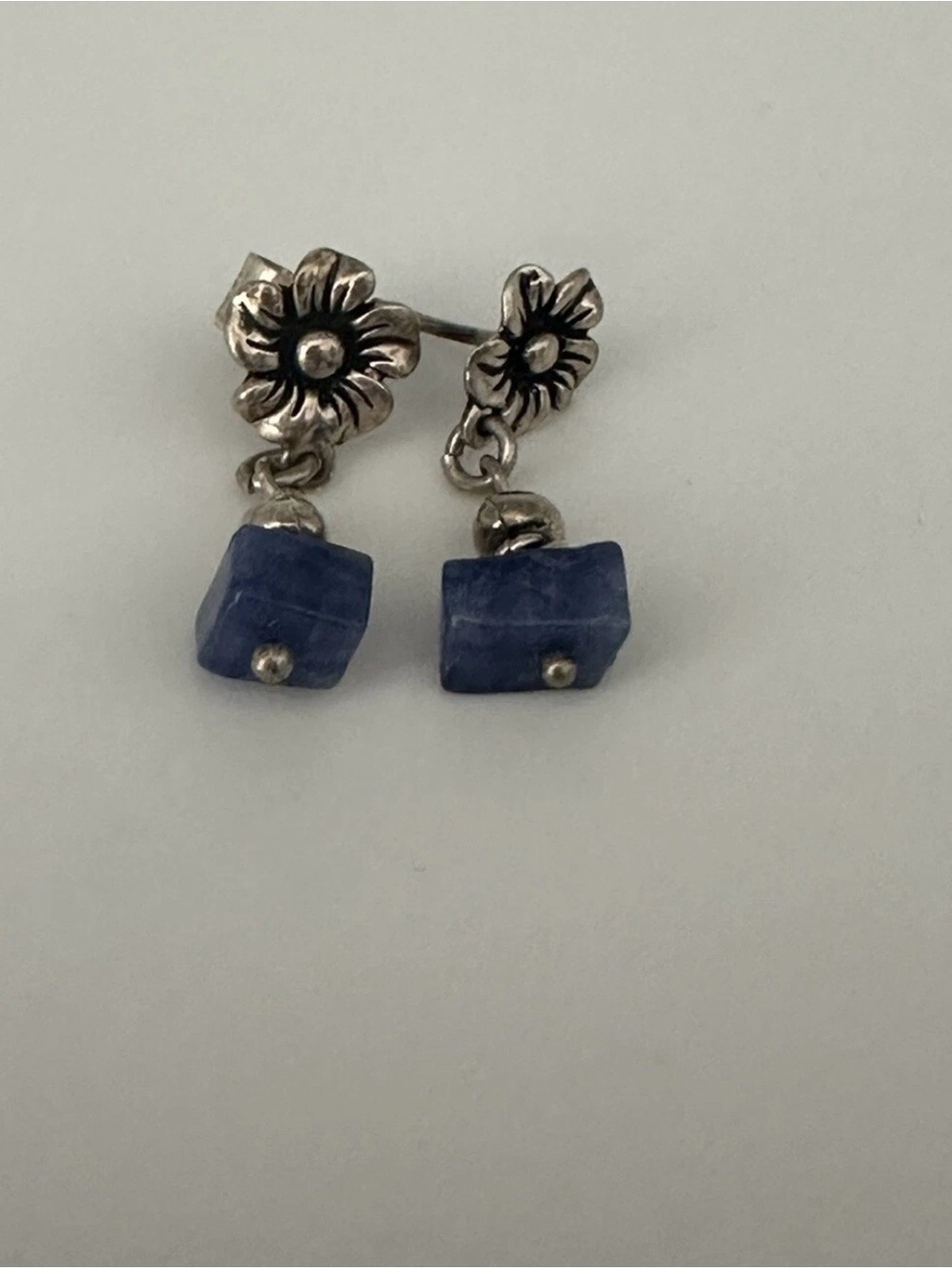 Sterling Silver 950 Floral Drop Earrings with Blue Stone